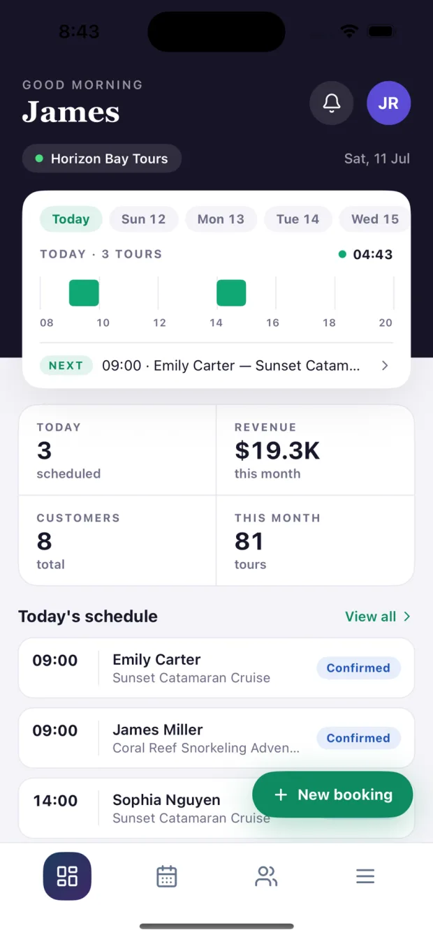 The TimeKey iPhone app dashboard, showing today's schedule and revenue