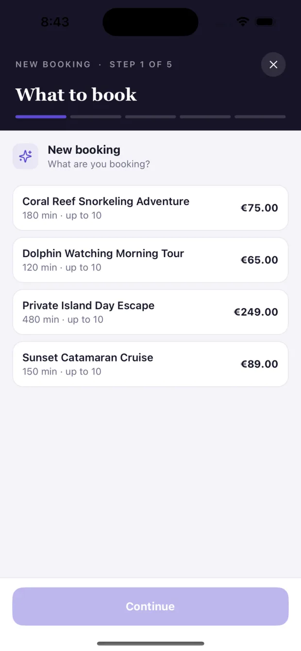TimeKey iPhone app — New booking: Pick what you are selling, with price and duration.