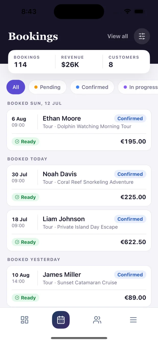 TimeKey iPhone app — Bookings: Filter by pending, confirmed or in progress.