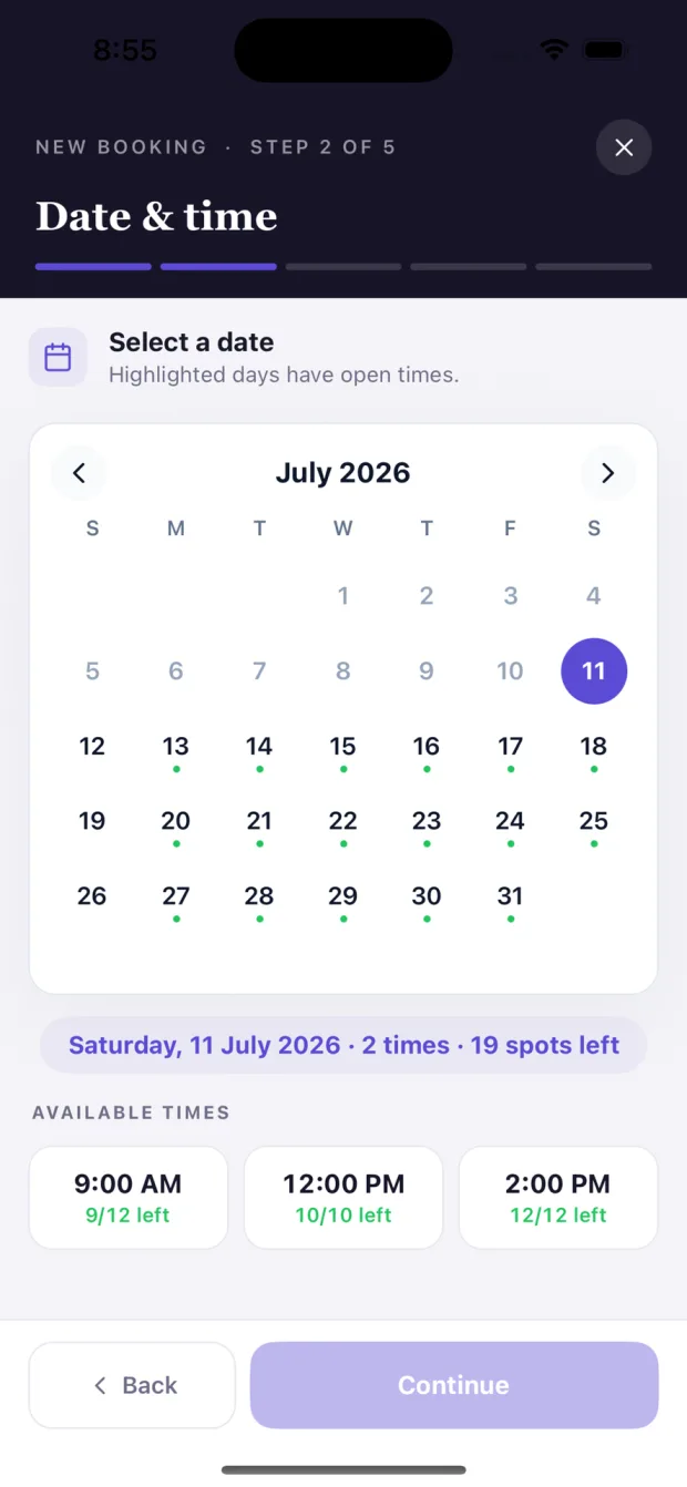 TimeKey iPhone app — Date & time: Open days, available times and spots left.